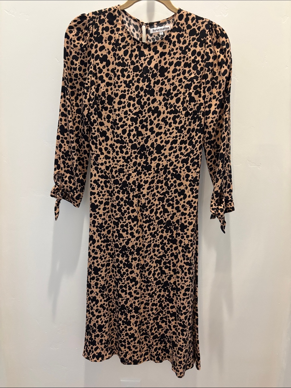 Reformation Tan and Black Leopard-Print Long Sleeve Midi Dress